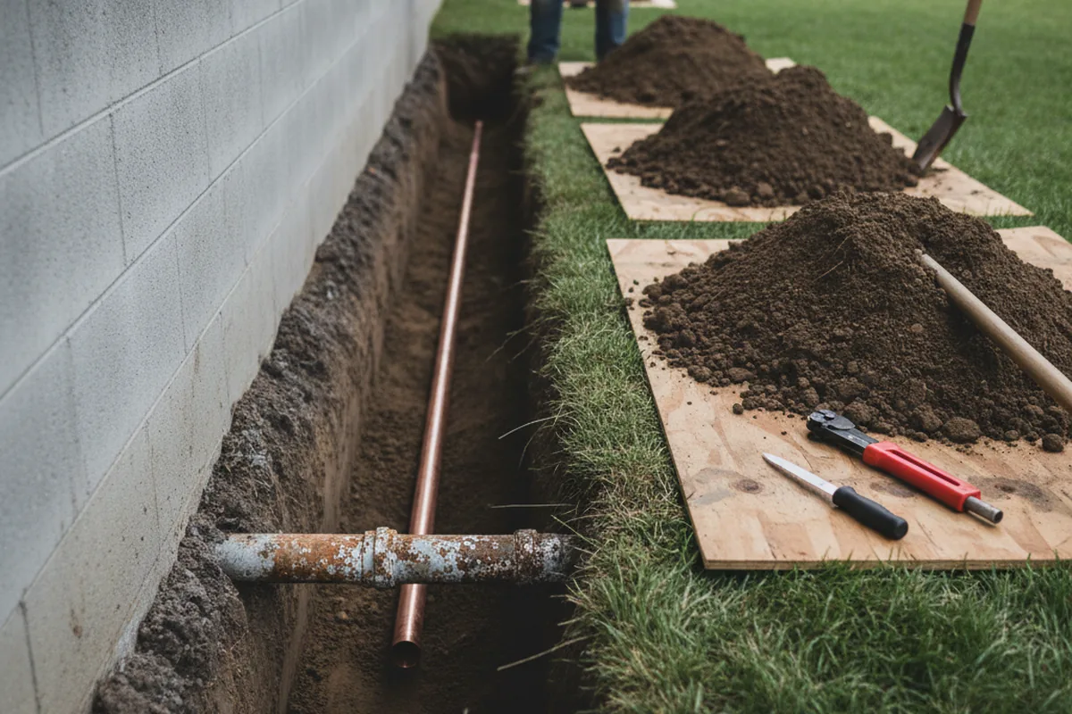 Excavated water line trench during Water Heater Repair in Salisbury